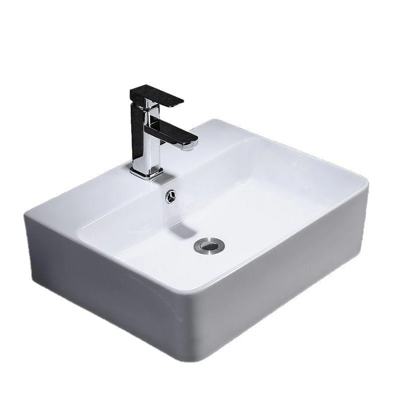 Contemporary Vessel Bathroom Sink Rectangular White Ceramic Overflow Drain Assembly Sink -Bathlova