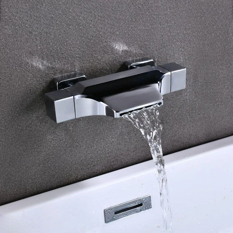 Contemporary Wall Mounted Metal Tub Filler Double Handles Waterfall Tub Tap Trim -Bathlova