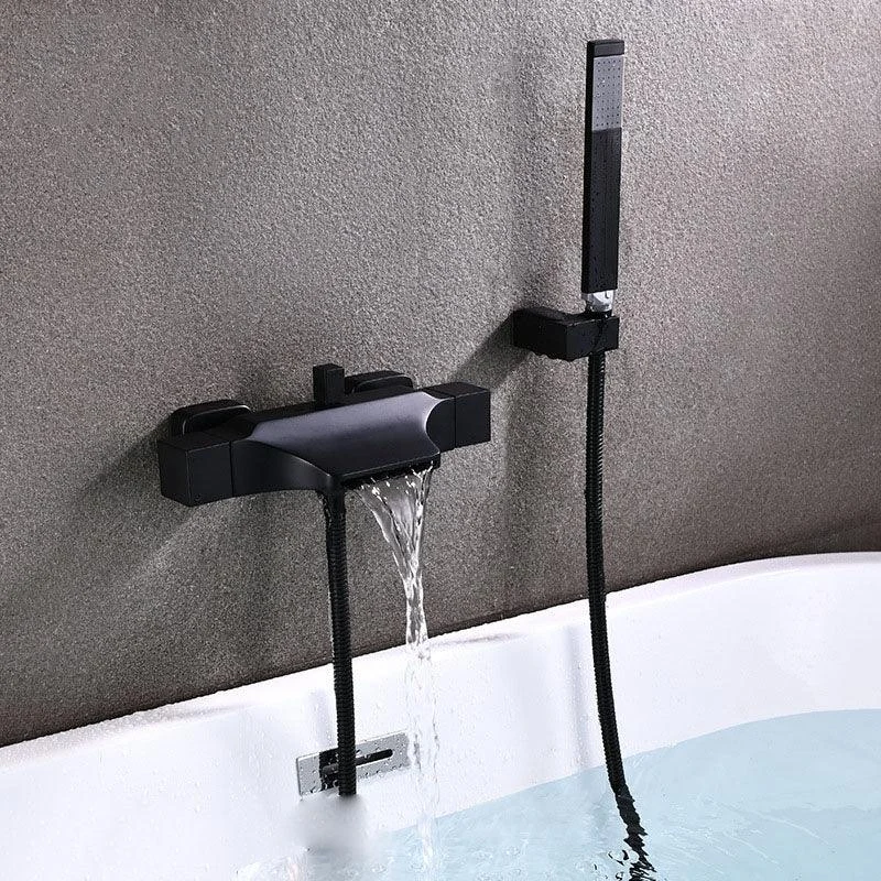 Contemporary Wall Mounted Metal Tub Filler Double Handles Waterfall Tub Tap Trim -Bathlova