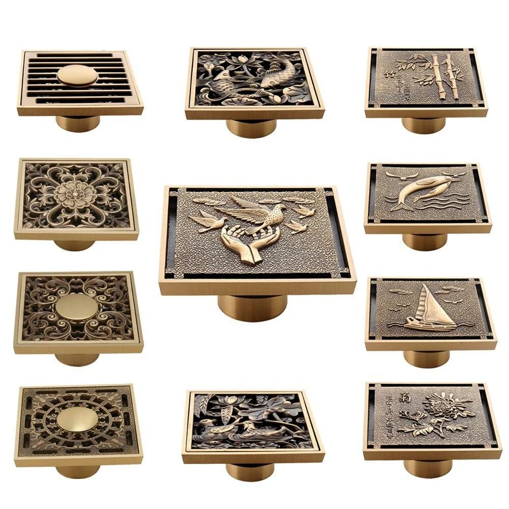 Copper Brass Floor Drains Square Flower Art Carved Toilet Drain Cover -Bathlova