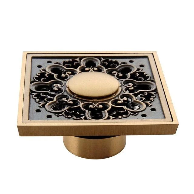 Copper Brass Floor Drains Square Flower Art Carved Toilet Drain Cover -Bathlova