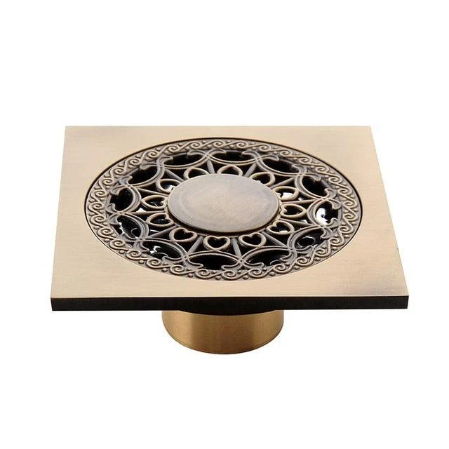 Copper Brass Floor Drains Square Flower Art Carved Toilet Drain Cover -Bathlova