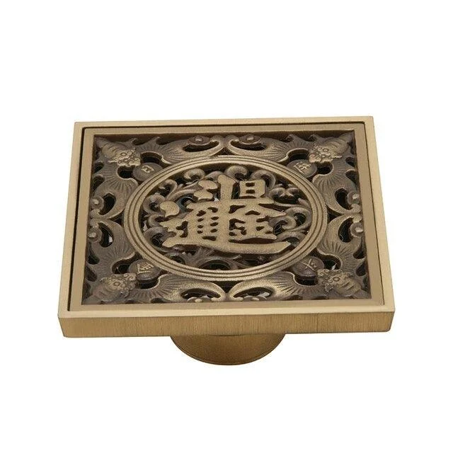 Copper Brass Floor Drains Square Flower Art Carved Toilet Drain Cover -Bathlova