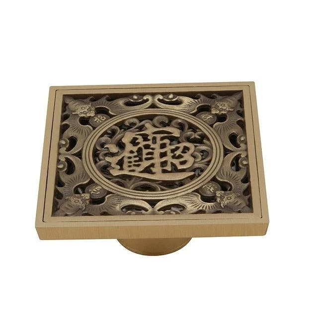 Copper Brass Floor Drains Square Flower Art Carved Toilet Drain Cover -Bathlova