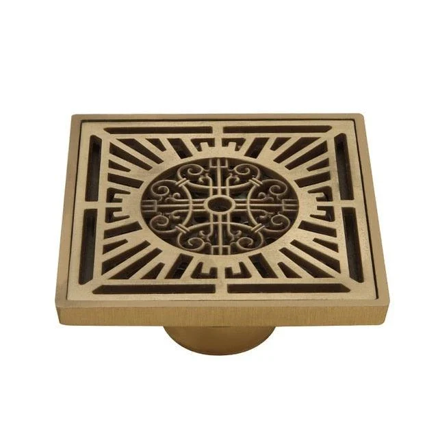 Copper Brass Floor Drains Square Flower Art Carved Toilet Drain Cover -Bathlova