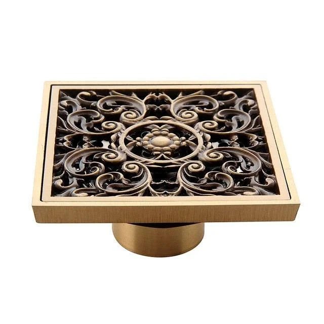 Copper Brass Floor Drains Square Flower Art Carved Toilet Drain Cover -Bathlova