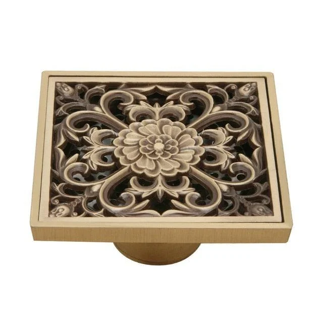 Copper Brass Floor Drains Square Flower Art Carved Toilet Drain Cover -Bathlova