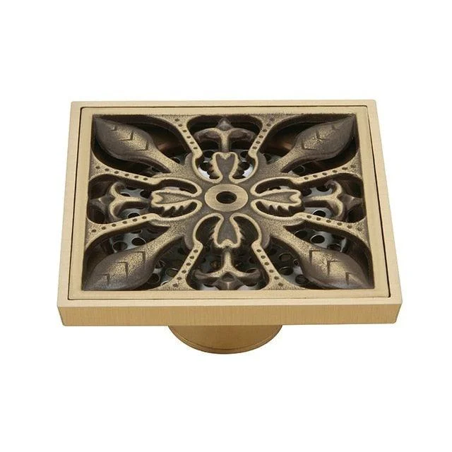 Copper Brass Floor Drains Square Flower Art Carved Toilet Drain Cover -Bathlova