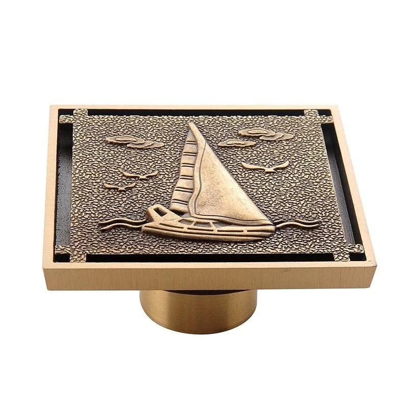 Copper Brass Floor Drains Square Flower Art Carved Toilet Drain Cover -Bathlova