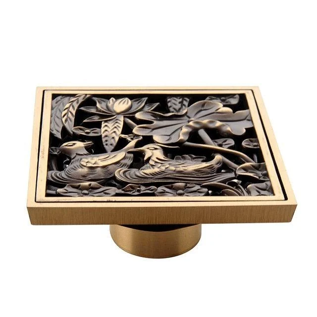 Copper Brass Floor Drains Square Flower Art Carved Toilet Drain Cover -Bathlova