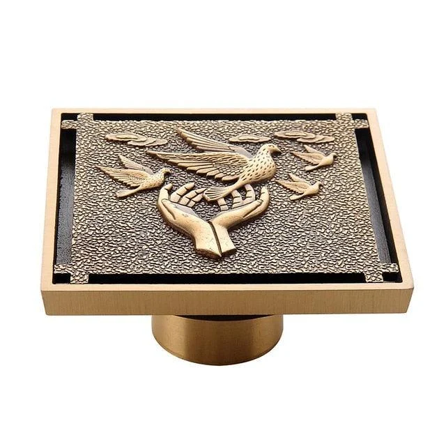 Copper Brass Floor Drains Square Flower Art Carved Toilet Drain Cover -Bathlova