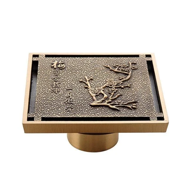 Copper Brass Floor Drains Square Flower Art Carved Toilet Drain Cover -Bathlova