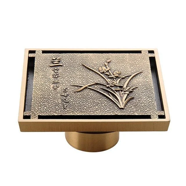 Copper Brass Floor Drains Square Flower Art Carved Toilet Drain Cover -Bathlova