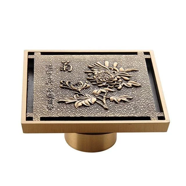 Copper Brass Floor Drains Square Flower Art Carved Toilet Drain Cover -Bathlova