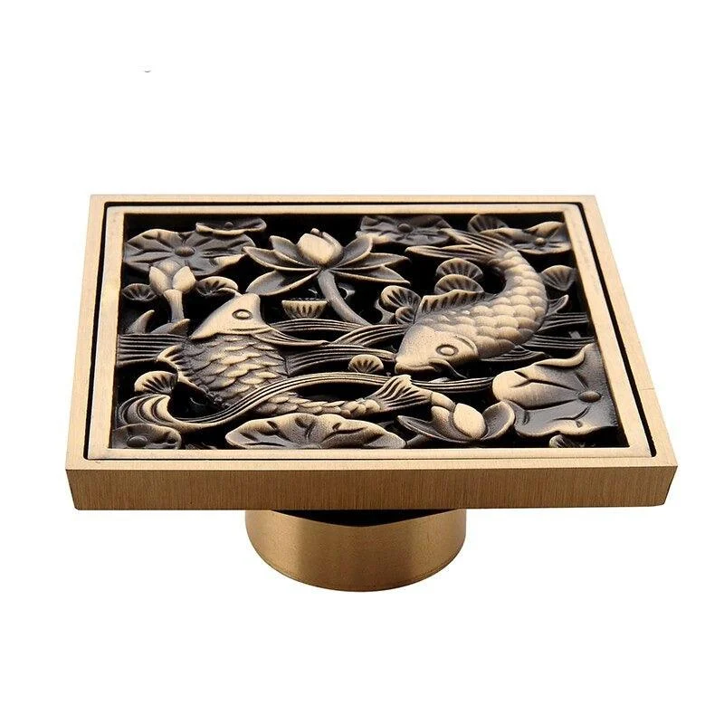 Copper Brass Floor Drains Square Flower Art Carved Toilet Drain Cover -Bathlova