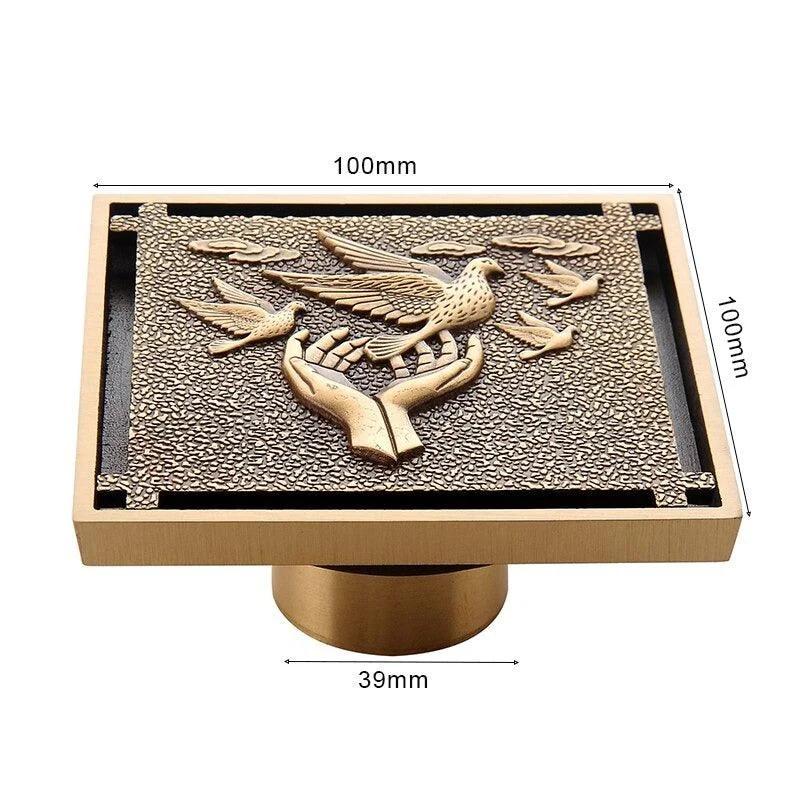 Copper Brass Floor Drains Square Flower Art Carved Toilet Drain Cover -Bathlova