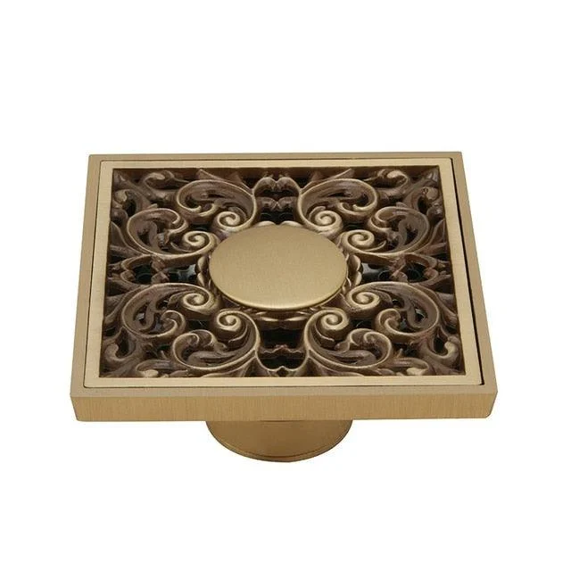 Copper Brass Floor Drains Square Flower Art Carved Toilet Drain Cover -Bathlova