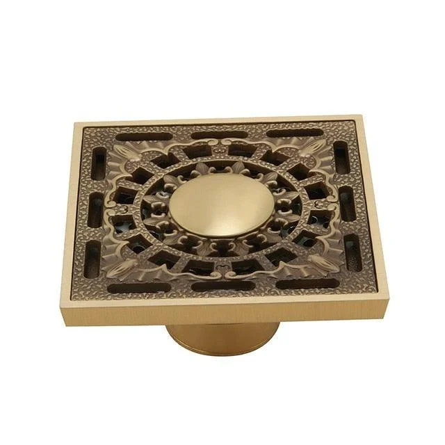 Copper Brass Floor Drains Square Flower Art Carved Toilet Drain Cover -Bathlova