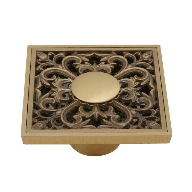 Copper Brass Floor Drains Square Flower Art Carved Toilet Drain Cover -Bathlova