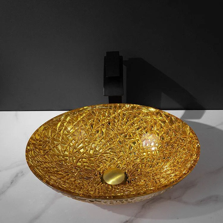 Creative Oval Bathroom Sink Glass Vessel Lavatory Sink with Pop-Up Drain -Bathlova