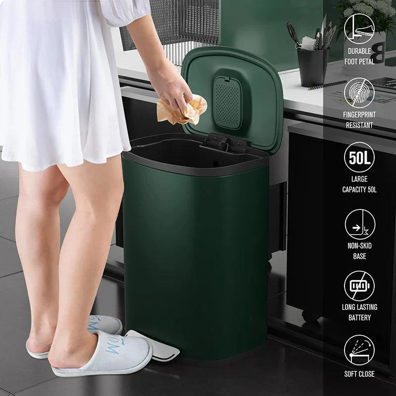 Curved Surface 13 Gallon Trash Can with Foot Operated Pedal & Soft Close Lid in Green Finish -Bathlova