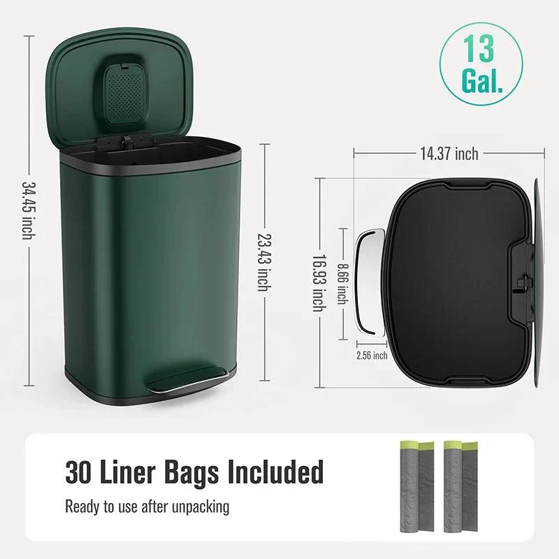 Curved Surface 13 Gallon Trash Can with Foot Operated Pedal & Soft Close Lid in Green Finish -Bathlova