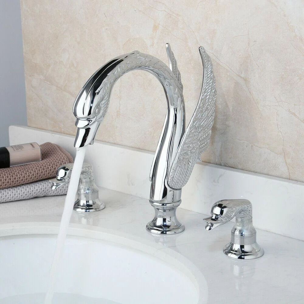 Deck Mount Swan Shape Bathroom 3 Holes Basin Sink Tap Washbasin -Bathlova