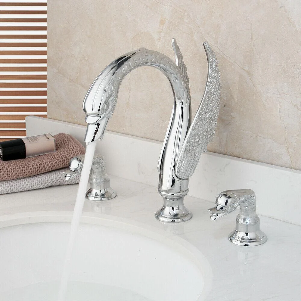 Deck Mount Swan Shape Bathroom 3 Holes Basin Sink Tap Washbasin -Bathlova