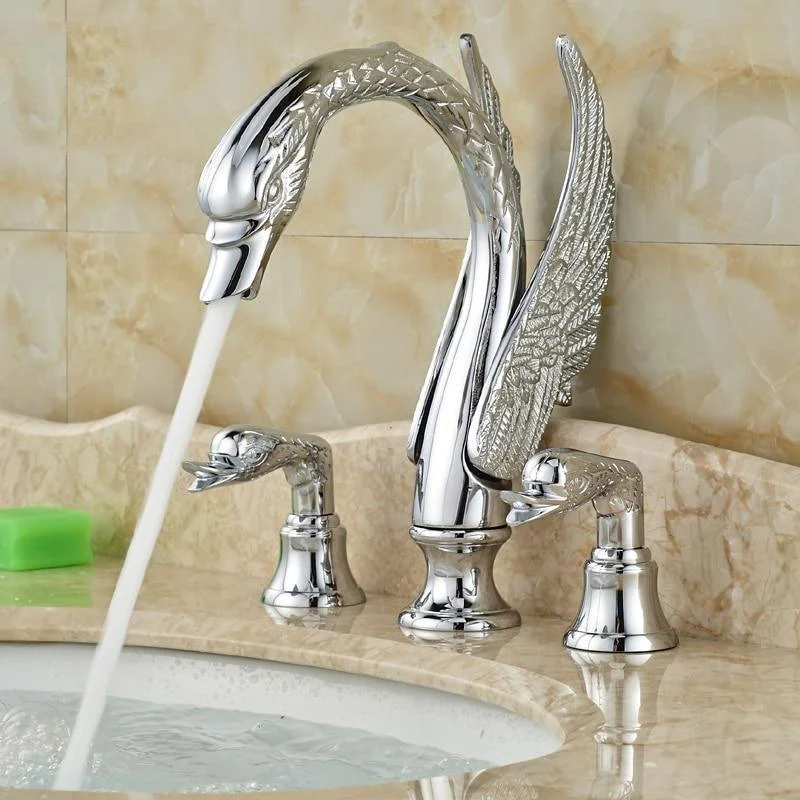 Deck Mount Swan Shape Bathroom 3 Holes Basin Sink Tap Washbasin -Bathlova