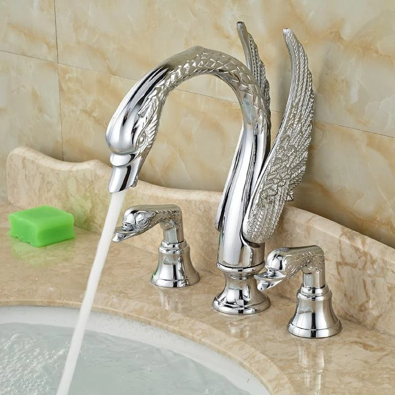 Deck Mount Swan Shape Bathroom 3 Holes Basin Sink Tap Washbasin -Bathlova