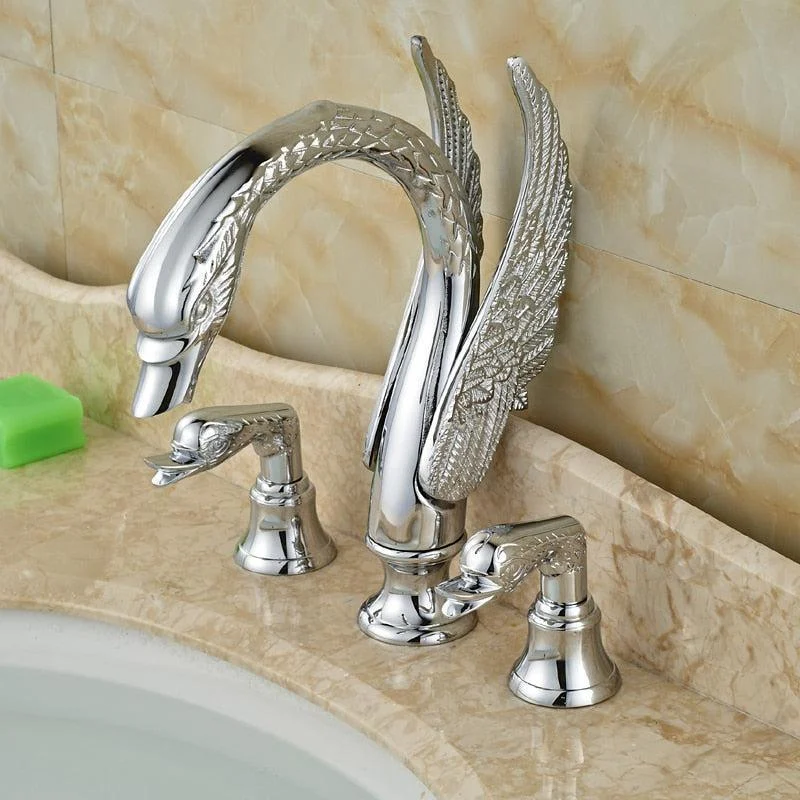 Deck Mount Swan Shape Bathroom 3 Holes Basin Sink Tap Washbasin -Bathlova