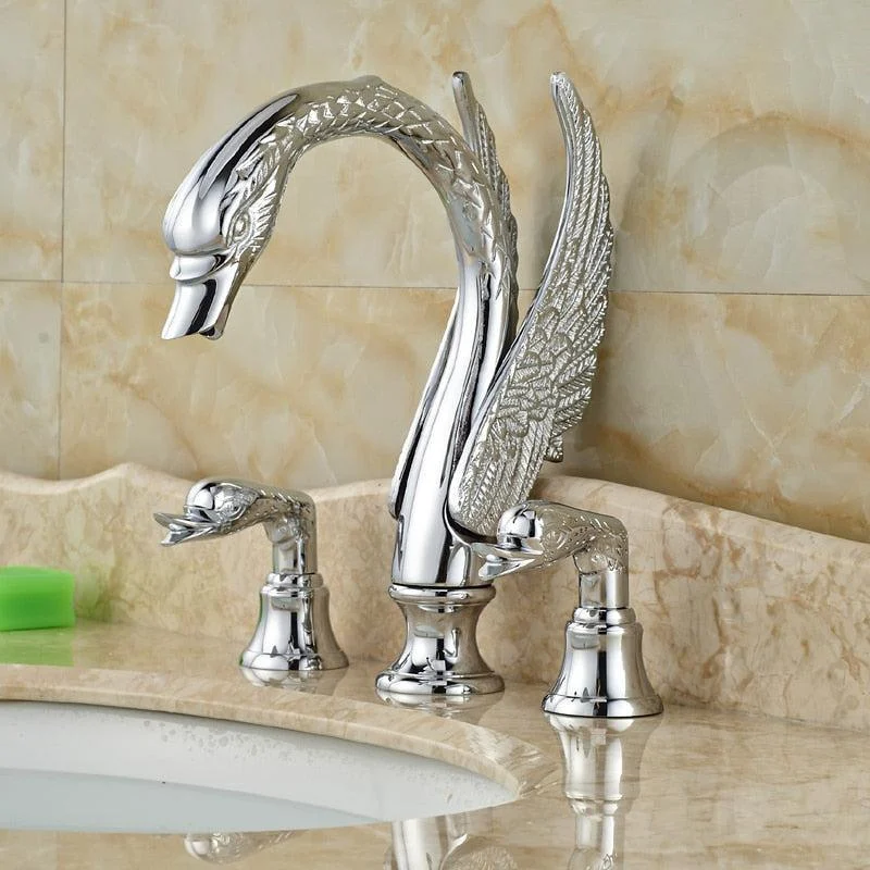 Deck Mount Swan Shape Bathroom 3 Holes Basin Sink Tap Washbasin -Bathlova