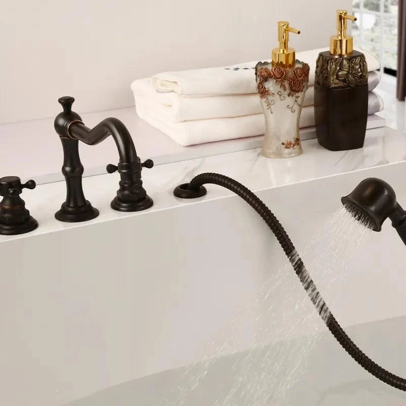 Deck Mounted Roman Triple Cross Handle Bathtub Tap with Handshower -Bathlova