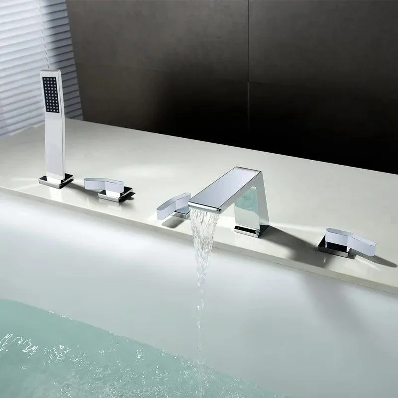 Deck Mounted Solid Brass Waterfall Bathtub Tap with Handshower in Polished Chrome -Bathlova