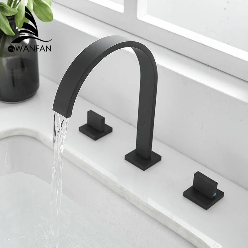 Deck Mounted Square Bathroom Sink Taps 3 Hole Double Handle Tap -Bathlova