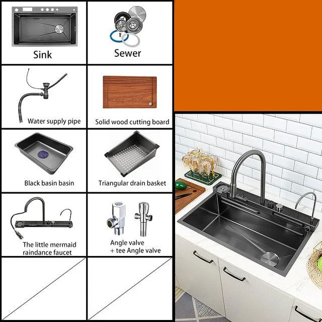 Digital Display Stainless Steel Kitchen Sink with Waterfall Tap -Bathlova