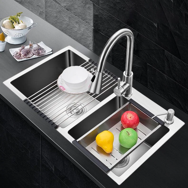 Double Basin Kitchen Sink with Basket Strainer 2 Holes Contemporary Sink -Bathlova