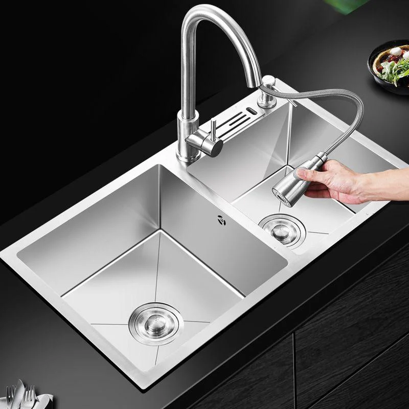 Double Basin Kitchen Sink with Basket Strainer 2 Holes Contemporary Sink -Bathlova