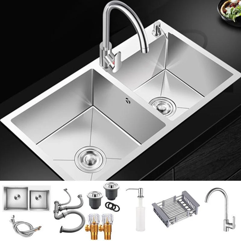 Double Basin Kitchen Sink with Basket Strainer 2 Holes Contemporary Sink -Bathlova