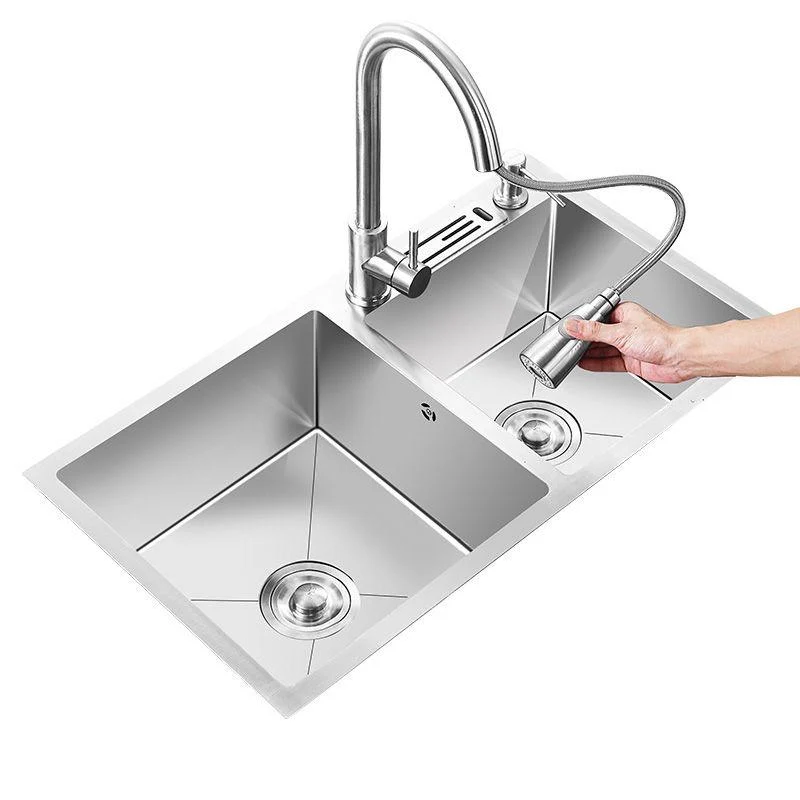 Double Basin Kitchen Sink with Basket Strainer 2 Holes Contemporary Sink -Bathlova