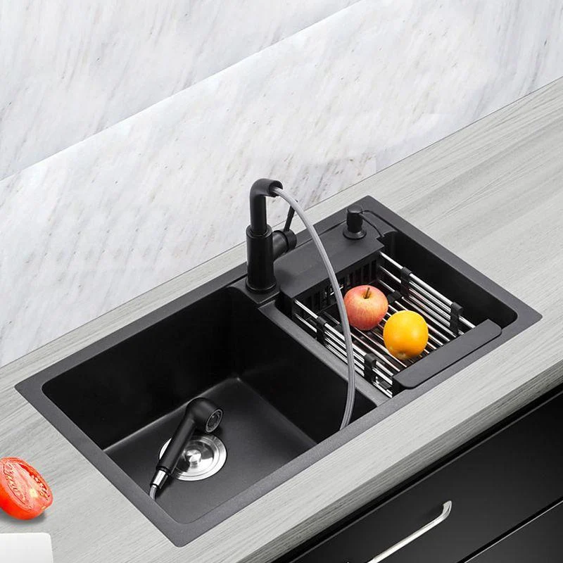 Double Bowl Kitchen Sink Rectangular Quartz Kitchen Sink with Strainer -Bathlova