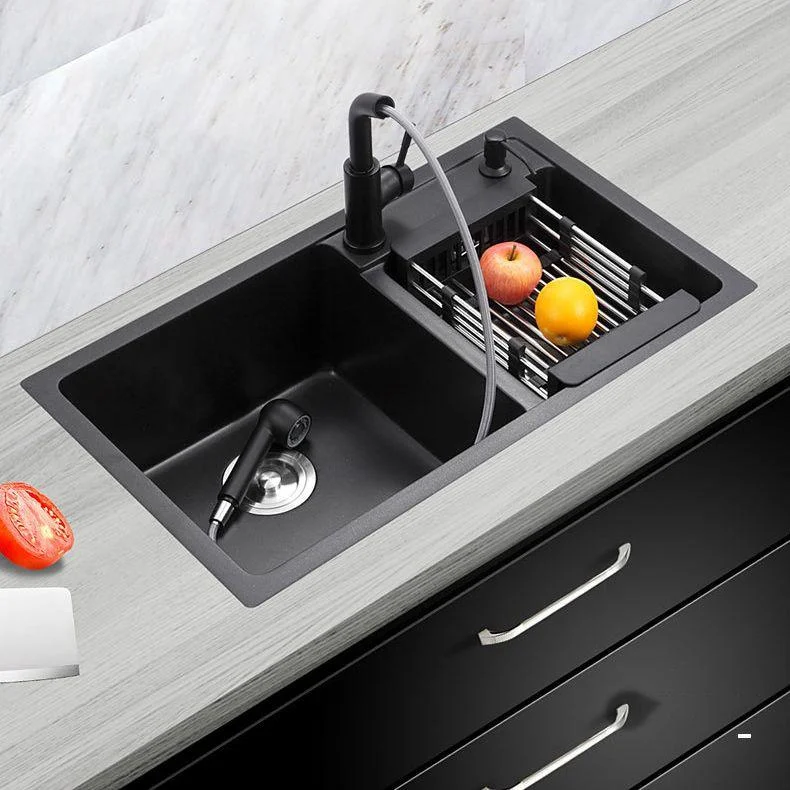 Double Bowl Kitchen Sink Rectangular Quartz Kitchen Sink with Strainer -Bathlova