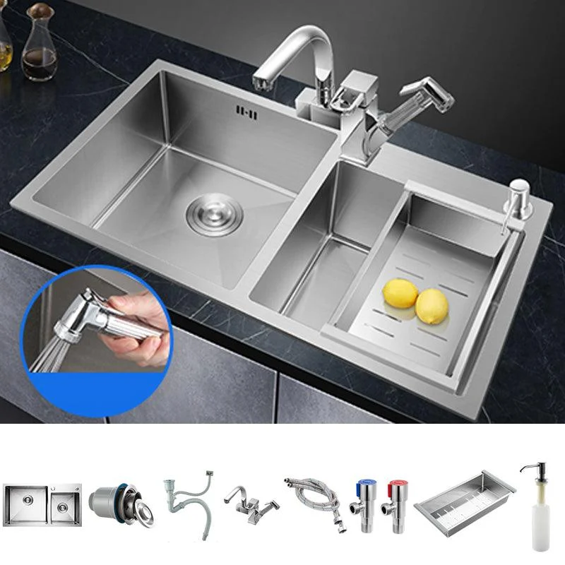 Double Bowl Kitchen Sink Stainless Steel Workstation Sink with Drain Assembly -Bathlova