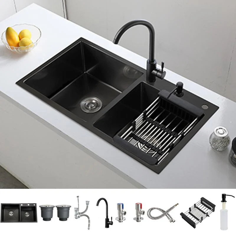 Double Bowl Stainless Steel Sink in black with Strainer Drop-In Kitchen Sink -Bathlova