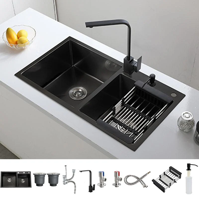 Double Bowl Stainless Steel Sink in black with Strainer Drop-In Kitchen Sink -Bathlova