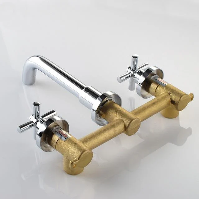 Double Cross Handle Wall Mounted Bathroom Sink Long Nose Tap -Bathlova