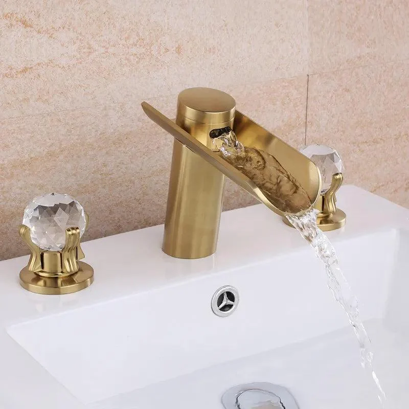 Double Crystal Handle Widespread Bathtub Tap Brushed in Gold -Bathlova