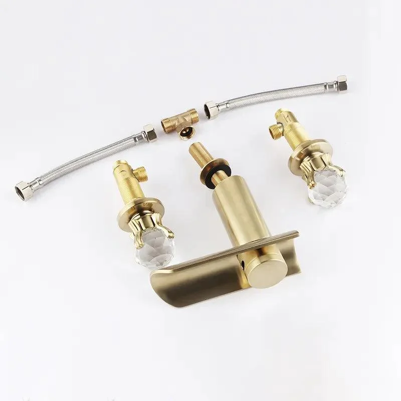 Double Crystal Handle Widespread Bathtub Tap Brushed in Gold -Bathlova