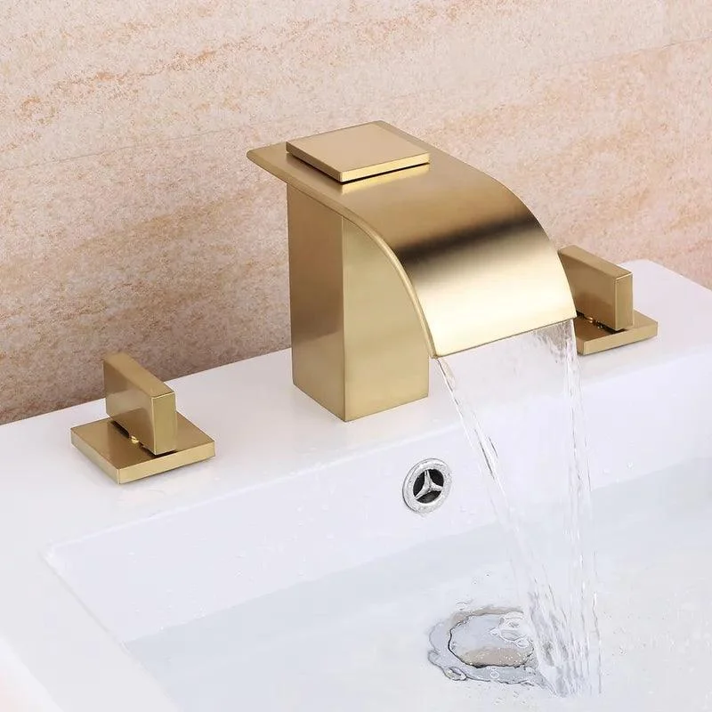 Double-Handle Brushed Gold Waterfall Bathroom Tap -Bathlova