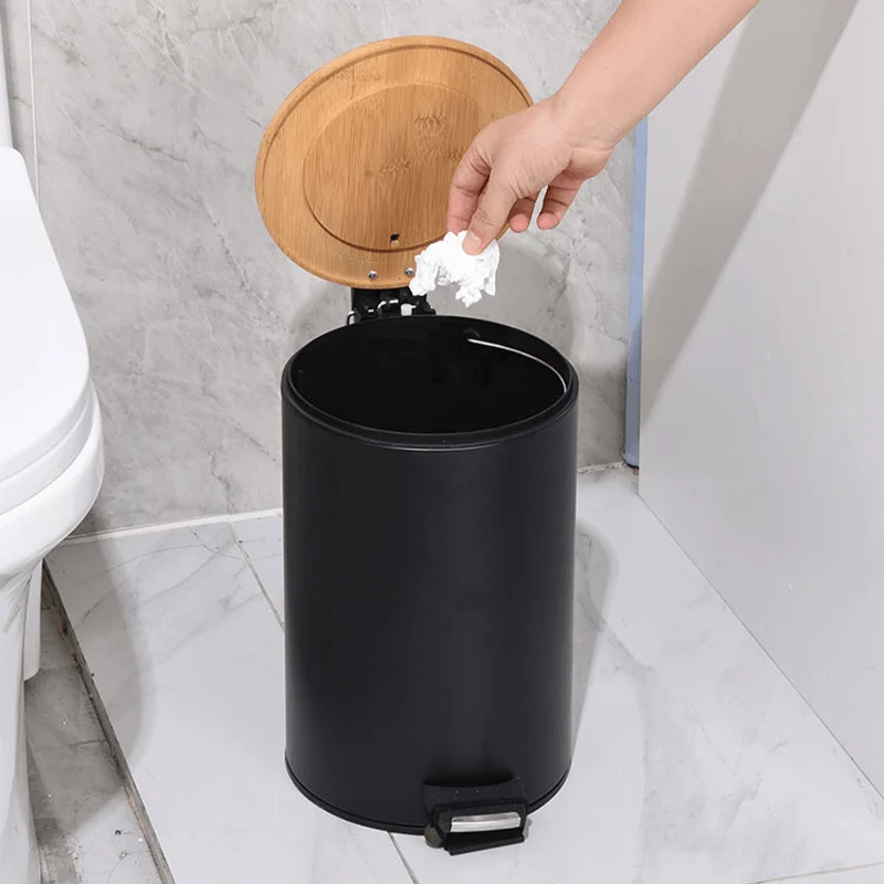 Double Layer Step Trash Can with Bamboo Lid -Bathlova